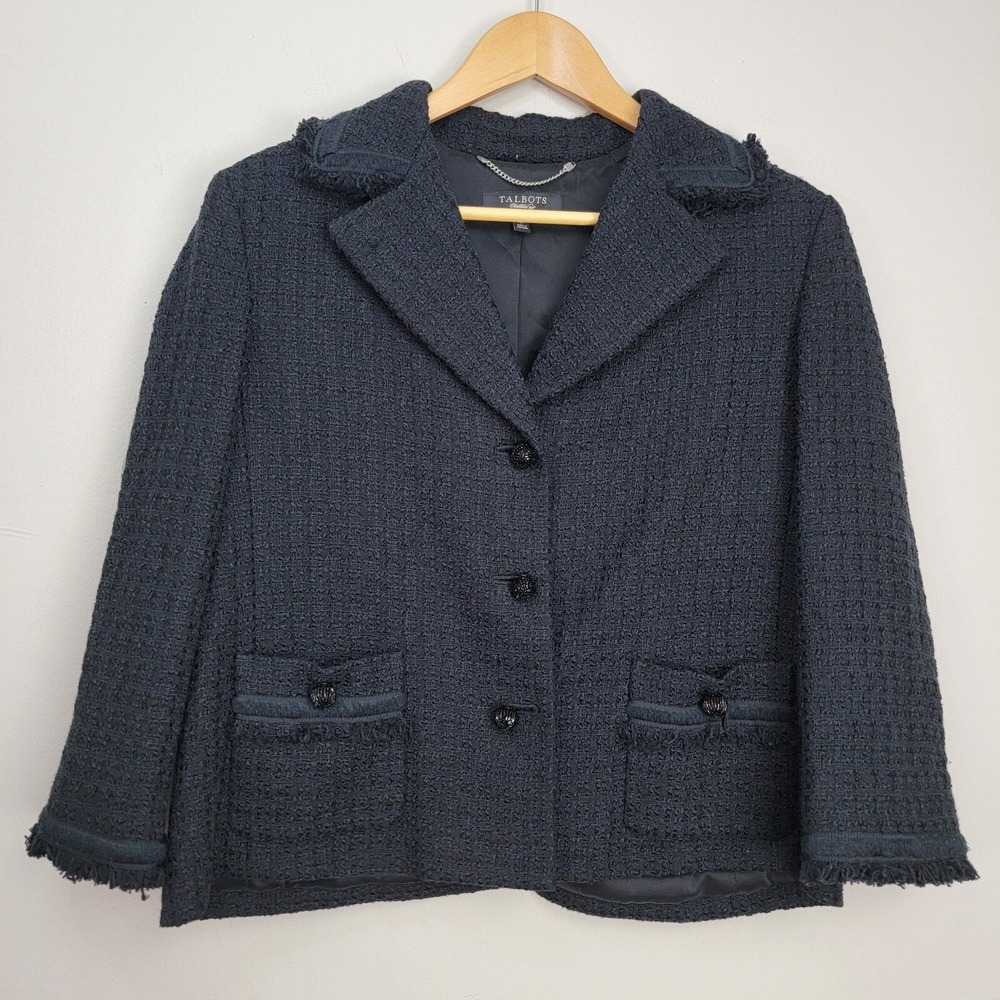 Talbots Black Textured Tweed Jacket Size 12P Lined 3/4 Sleeve Pockets